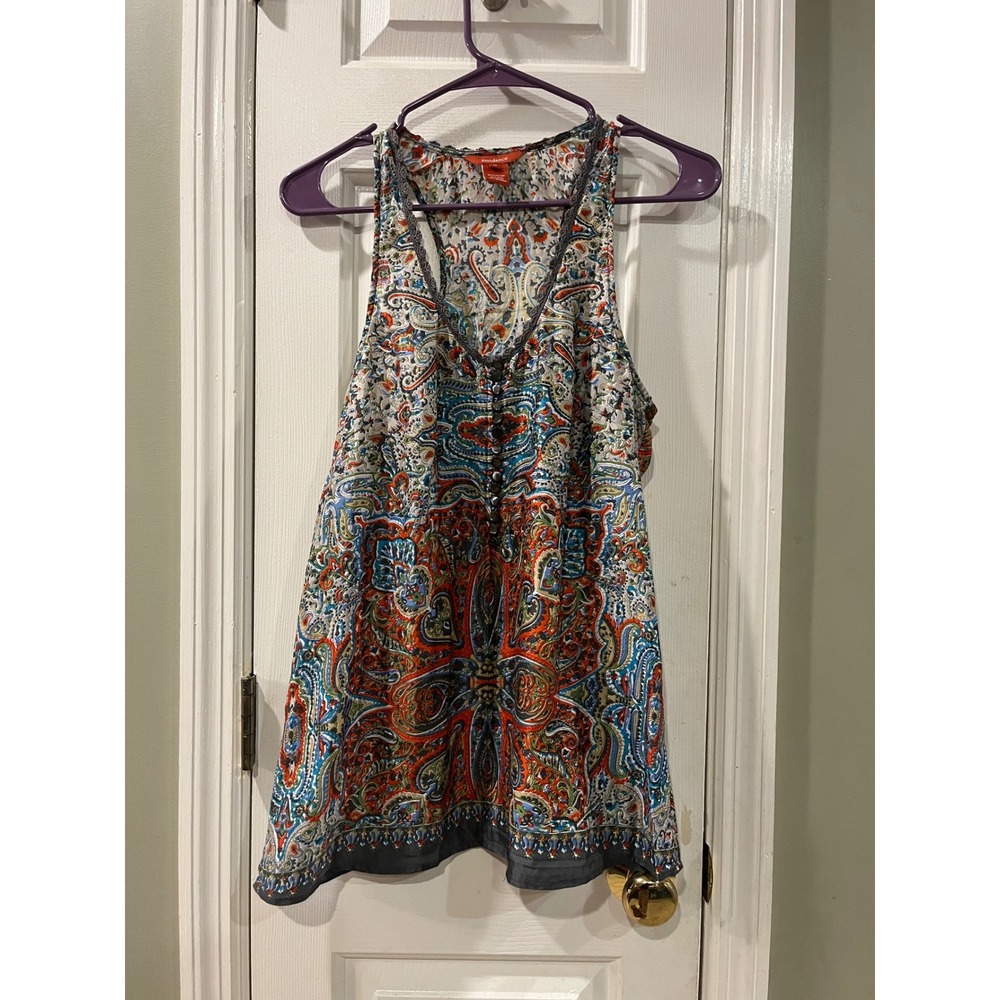 Sundance Silk Blend Paisley Racerback Tank Top Multi Color Boho Button Front M